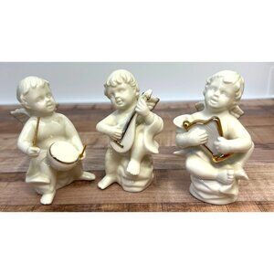Mikasa Set Of 3 Porcelain Angel Figurines Playing Instruments With Gold Accented